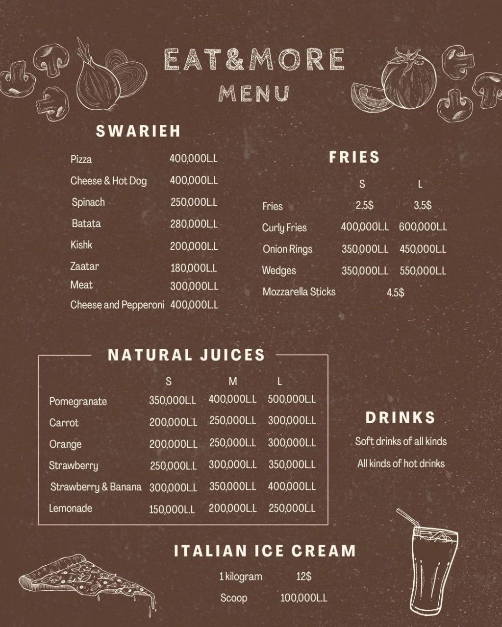 Eat and More restaurant drinks menu page